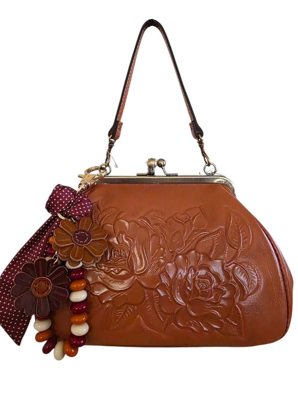 NEW Patricia Nash Burnished Rose Tooled Brown Leather Annie Kisslock Handbag